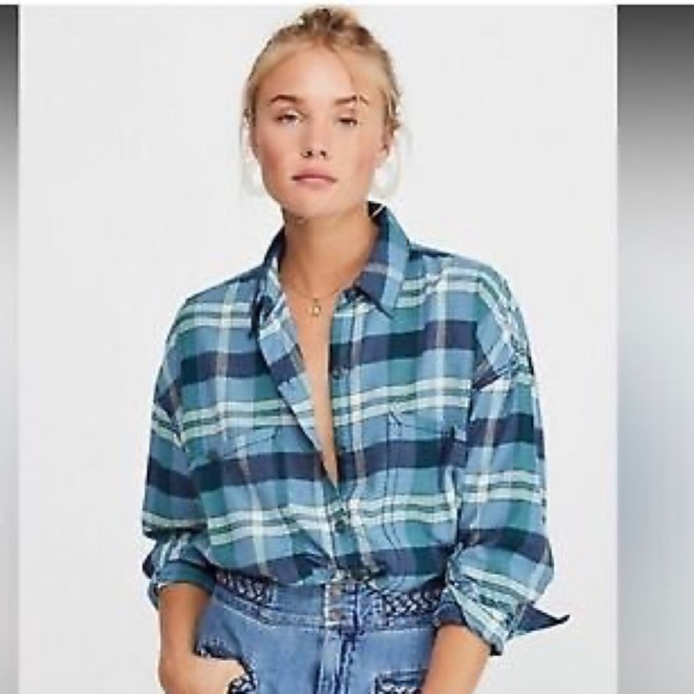 Free People Loveland Woven Plaid Button Down Shirt
